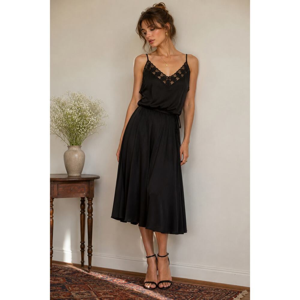 Vintage Leslie Fay Black Lace Trim Cocktail Dress Midi Slip Dress Size 12